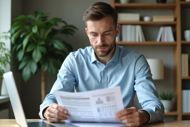 Homme consultant une simulation de prêt immobilier Casden sur son ordinateur portable à domicile