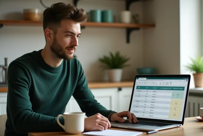 Jeune professionnel estimant sa rémunération en portage salarial sur un simulateur en ligne depuis son bureau à domicile