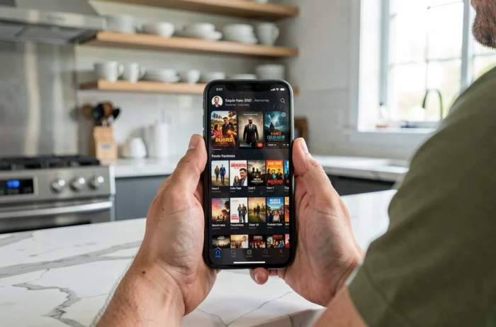 Mains tenant un smartphone affichant une application de streaming en remplacement de Ozpov dans une cuisine moderne