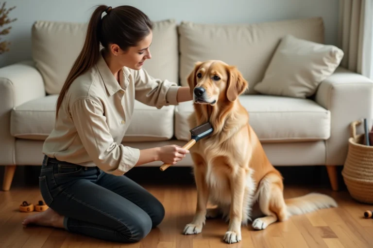 Jeune femme brossant son golden retriever dans un salon chaleureux, soin et toilettage du chien à la maison