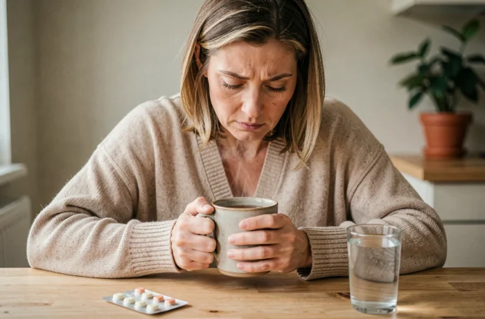 Femme adulte se soignant à domicile avec tisane et médicaments contre l'angine herpétique dans une cuisine chaleureuse