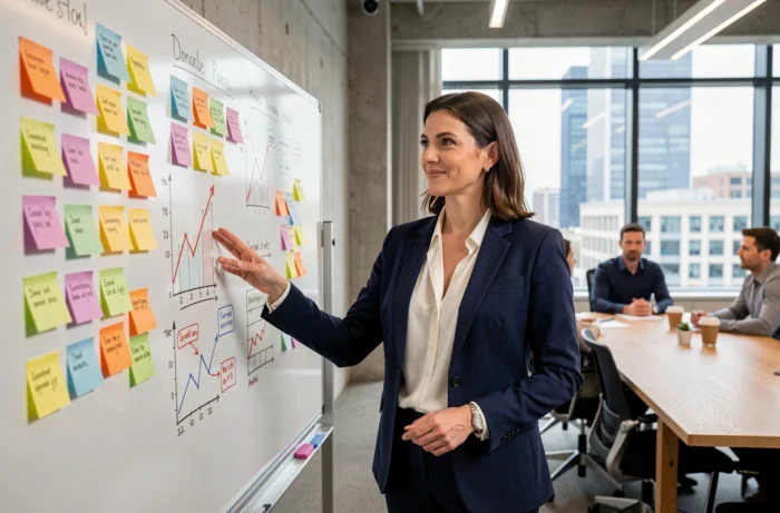 Directrice marketing présentant une stratégie de croissance devant un tableau blanc dans un bureau moderne