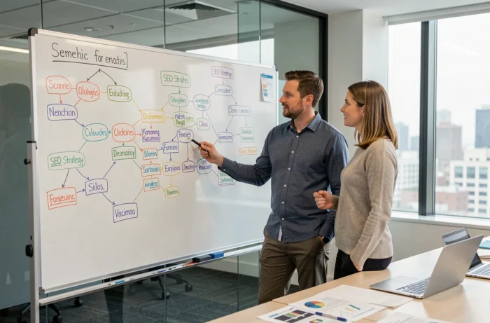 Deux collègues collaborant sur une stratégie de référencement naturel avec une carte mentale sémantique dessinée sur tableau blanc en salle de réunion
