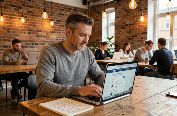 Homme travaillant sur une stratégie SEO avec un ordinateur portable dans un espace de coworking moderne aux murs en briques apparentes