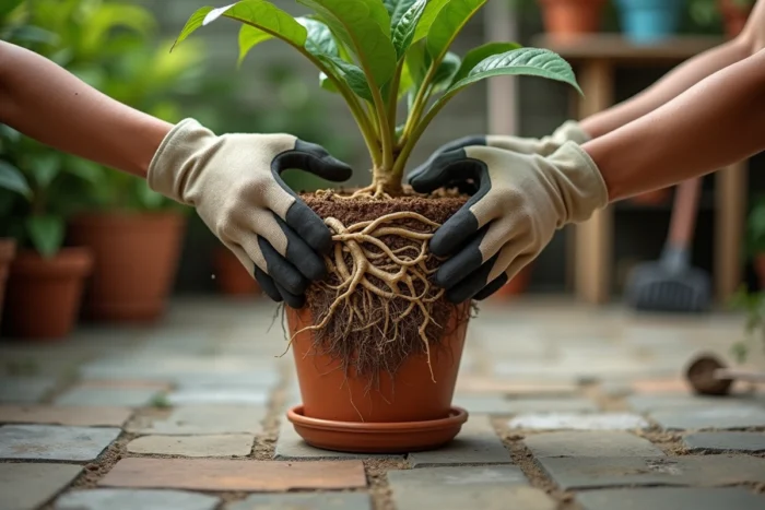 Jardinier extrayant un plant de jasmin en pot pour révéler le système racinaire développé