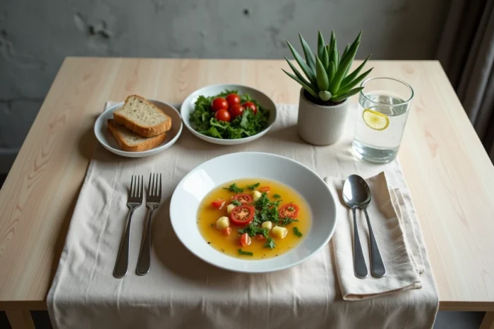 Table dressée pour un dîner léger et équilibré avec soupe de légumes, salade verte et pain complet