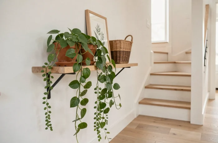 Tablette suspendue avec plantes retombantes et décorations botaniques sur un palier d'escalier