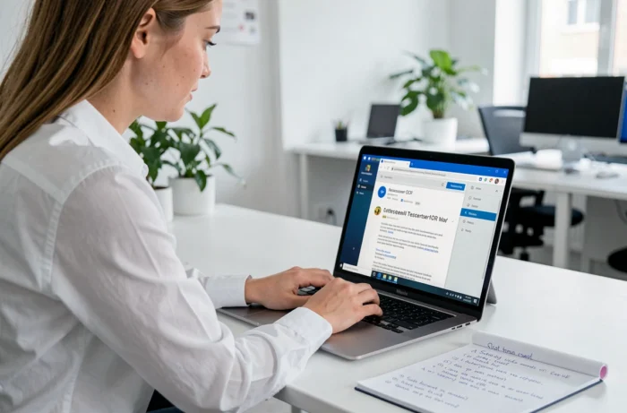 Femme consultant la page GitHub de Tesseract OCR sur un laptop Windows dans un espace de coworking