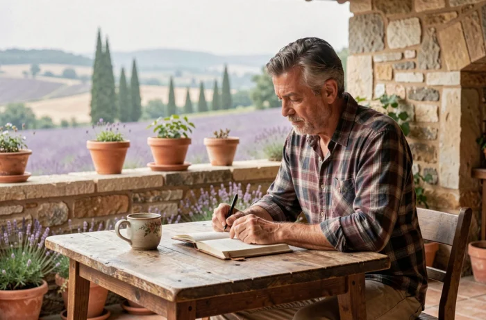 Homme écrivant dans un journal intime sur la terrasse d'une ferme provençale après une retraite ayahuasca, paysage de campagne française en arrière-plan