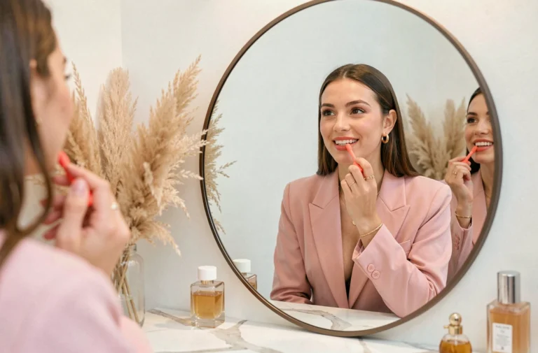 Jeune femme appliquant un rouge à lèvres corail devant un miroir rond dans un espace vanité moderne aux tons pastels