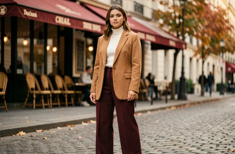 Femme en blazer camel oversize et pantalon bordeaux large, tendance mode automne-hiver dans une rue parisienne pavée