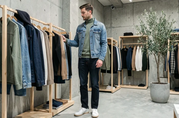 Homme en veste en jean et pull col montant vert sauge dans un concept store minimaliste, tendances mode masculine de saison