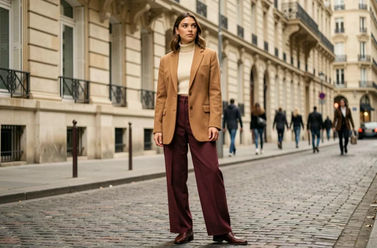 Femme portant un blazer camel oversize et un pantalon large bordeaux dans une rue pavée parisienne, style mode automne tendance