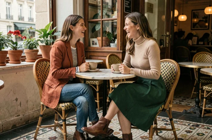 Deux femmes en tenues automnales tendance attablées dans un café parisien, look mode layering blazer et jupe midi