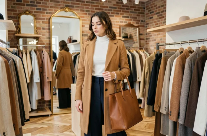 Femme élégante en manteau camel et pantalon large marine dans une boutique de mode parisienne, illustrant les tendances mode de la saison
