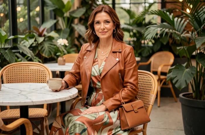 Femme élégante en jupe midi imprimée et veste en cuir cognac assise dans un café verdoyant, tendances mode féminine saison
