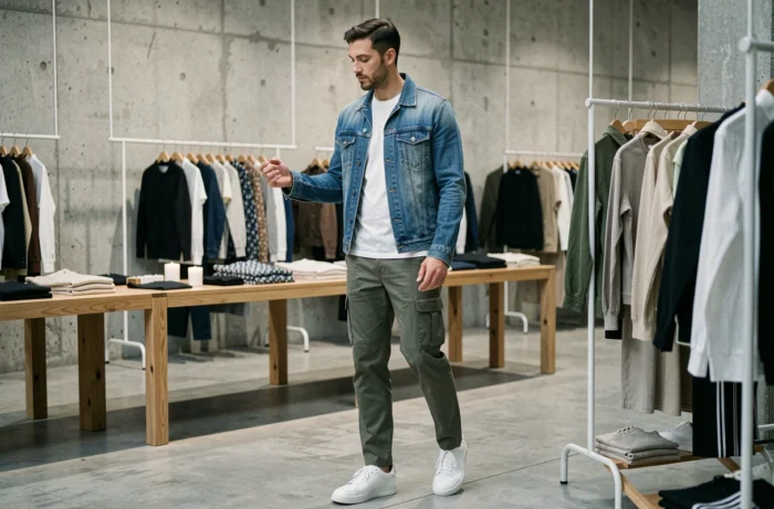 Homme en veste en jean et cargo vert dans un concept store minimaliste, tendances mode masculine printemps-automne