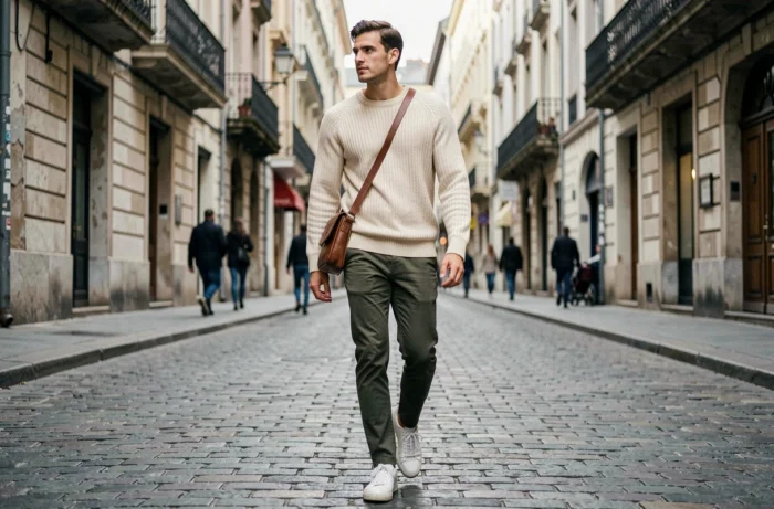 Homme stylé en pull crème et chino olive marchant dans une rue pavée européenne, look mode décontracté tendance