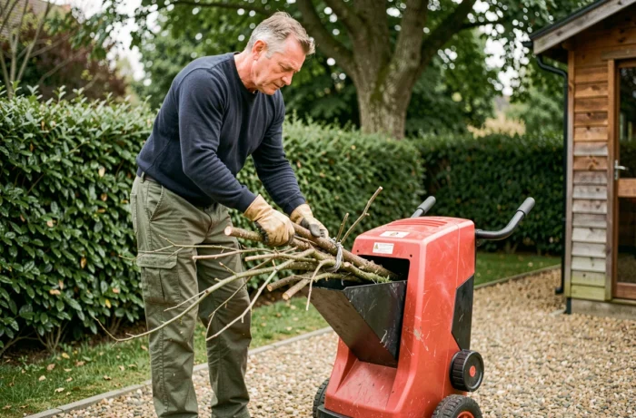 Homme utilisant un broyeur de végétaux électrique dans un jardin verdoyant