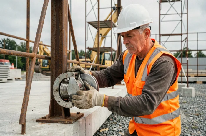Ouvrier de chantier attachant un tire fort manuel à un point d'ancrage sur un site industriel en toute sécurité