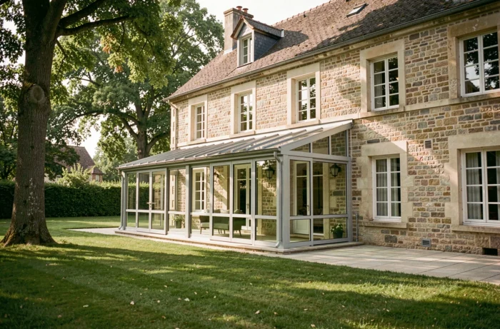 Vue extérieure d'une véranda sur mesure en aluminium et verre installée sur une maison traditionnelle dans les Yvelines