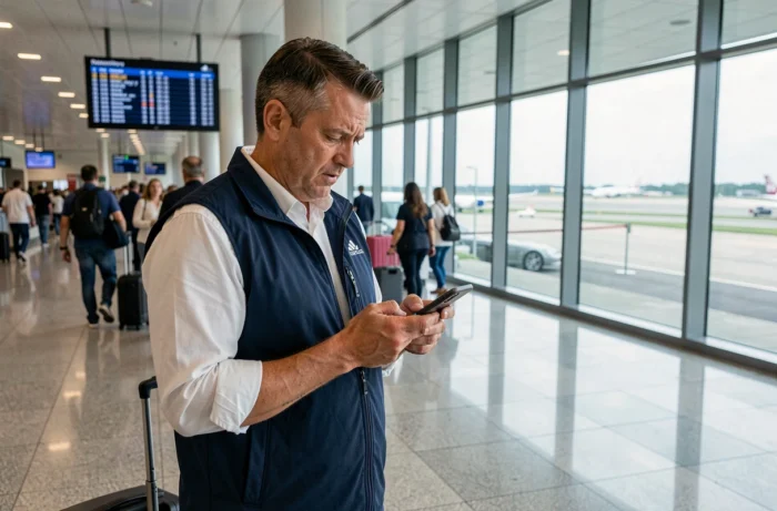 Homme vérifiant son application de voyage Rome2Rio dans un aéroport international avant son départ