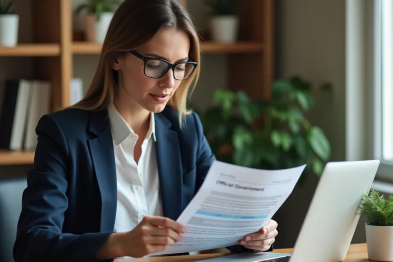 Femme examinant un document officiel et un site web sécurisé pour vérifier l'authenticité d'une créance publique