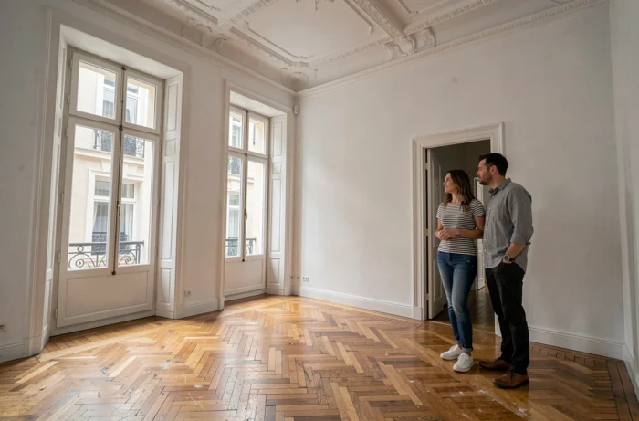 Couple visitant un appartement vide à Lyon avec parquet ancien et fenêtres donnant sur une cour intérieure