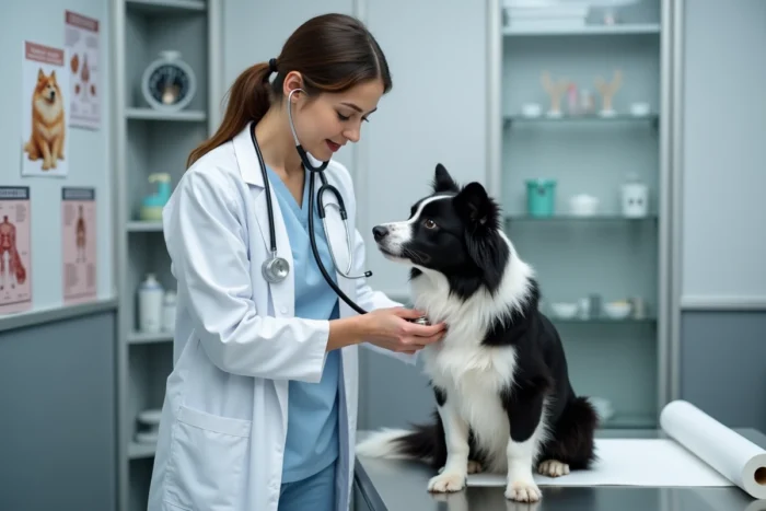 Vétérinaire examinant un border collie en salle de consultation, bilan de santé et soins médicaux pour chien
