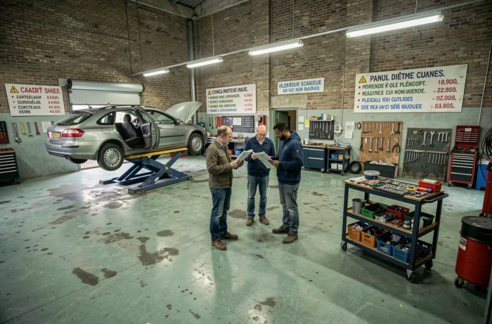 Vue d'ensemble d'un garage solidaire avec plusieurs ateliers de réparation automobile en activité simultanée